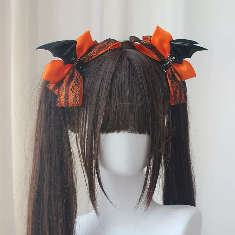 Gothic Lolita Hair Clips, Cross & Devil Wings Pumpkin Color