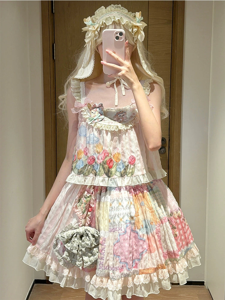 Mewroco~Country Patchwork~Sweet Lolita Dress Set Print OP SK Shirt and Camisole 41848:719020