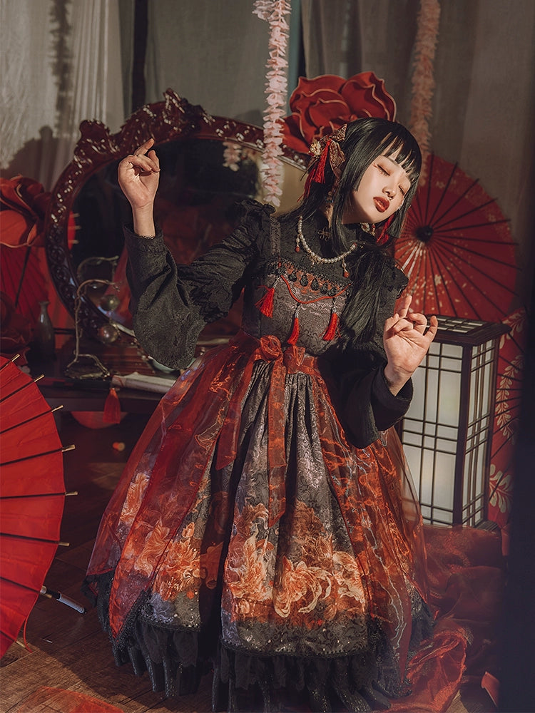 (BFM)EdenLost~Chinese Style Lolita Goldfish Red Organza Overlay   