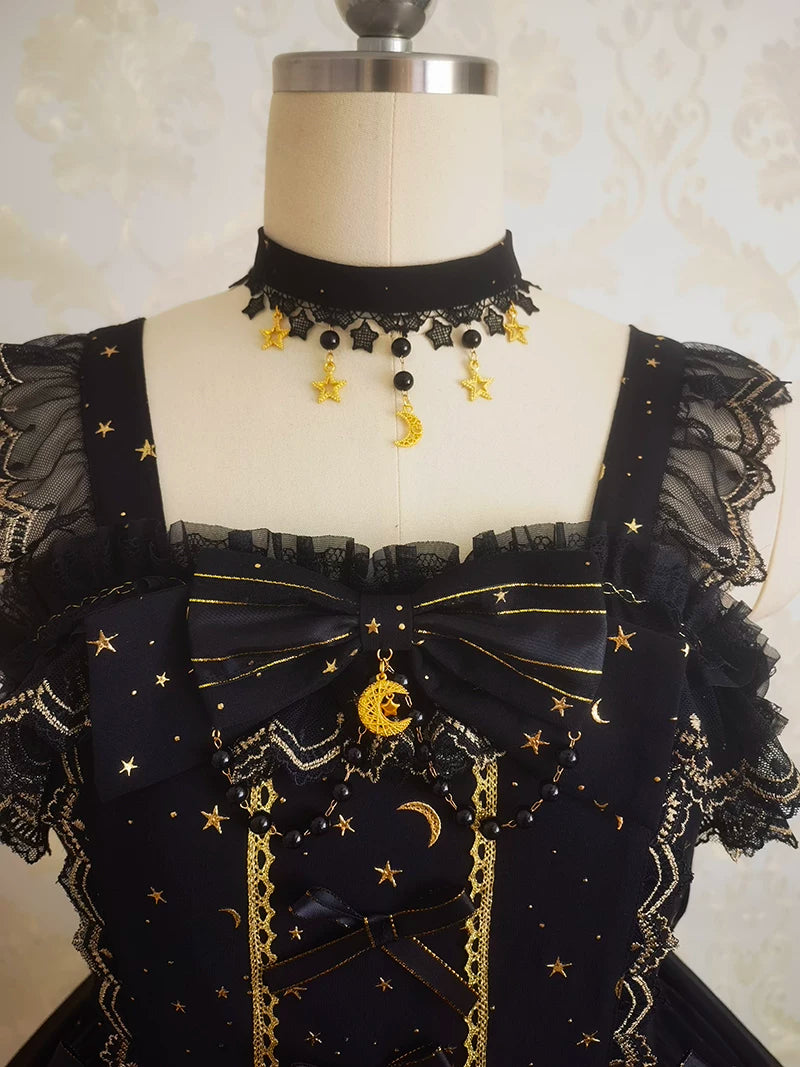 Starlight Nocturne - Black Cotton Lining Classic Lolita JSK, Star & Moon Gold Stamping 45743:860751