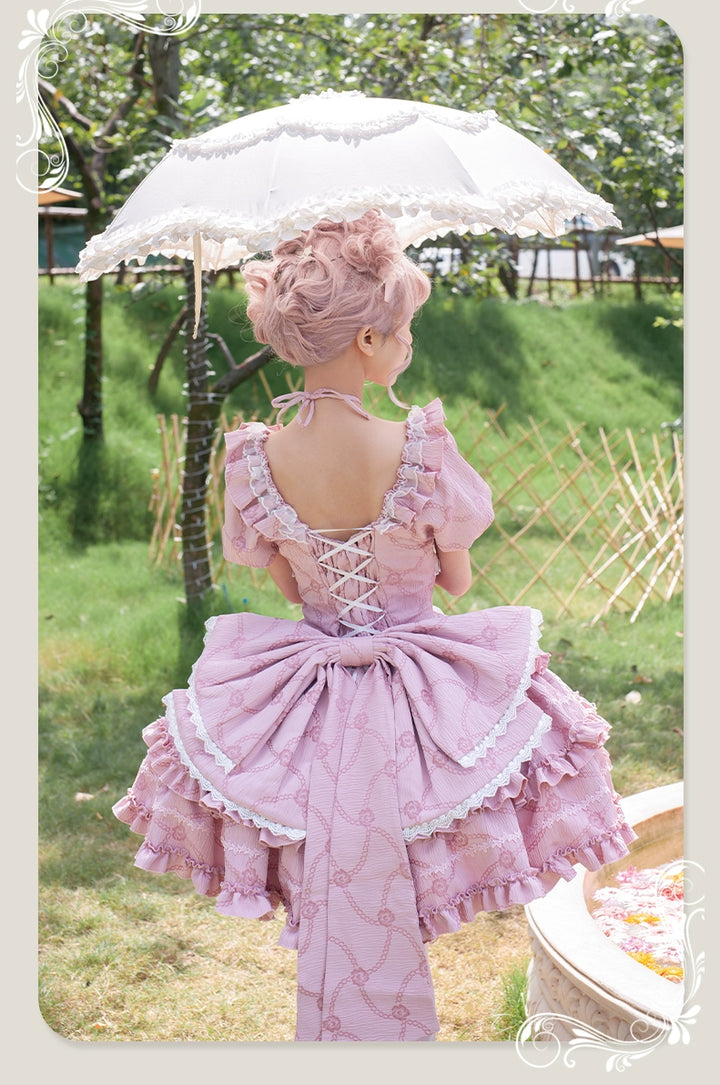 OCELOT~Puff Rose~Sweet Lolita OP Princess Bow Trailing Lolita Dress   