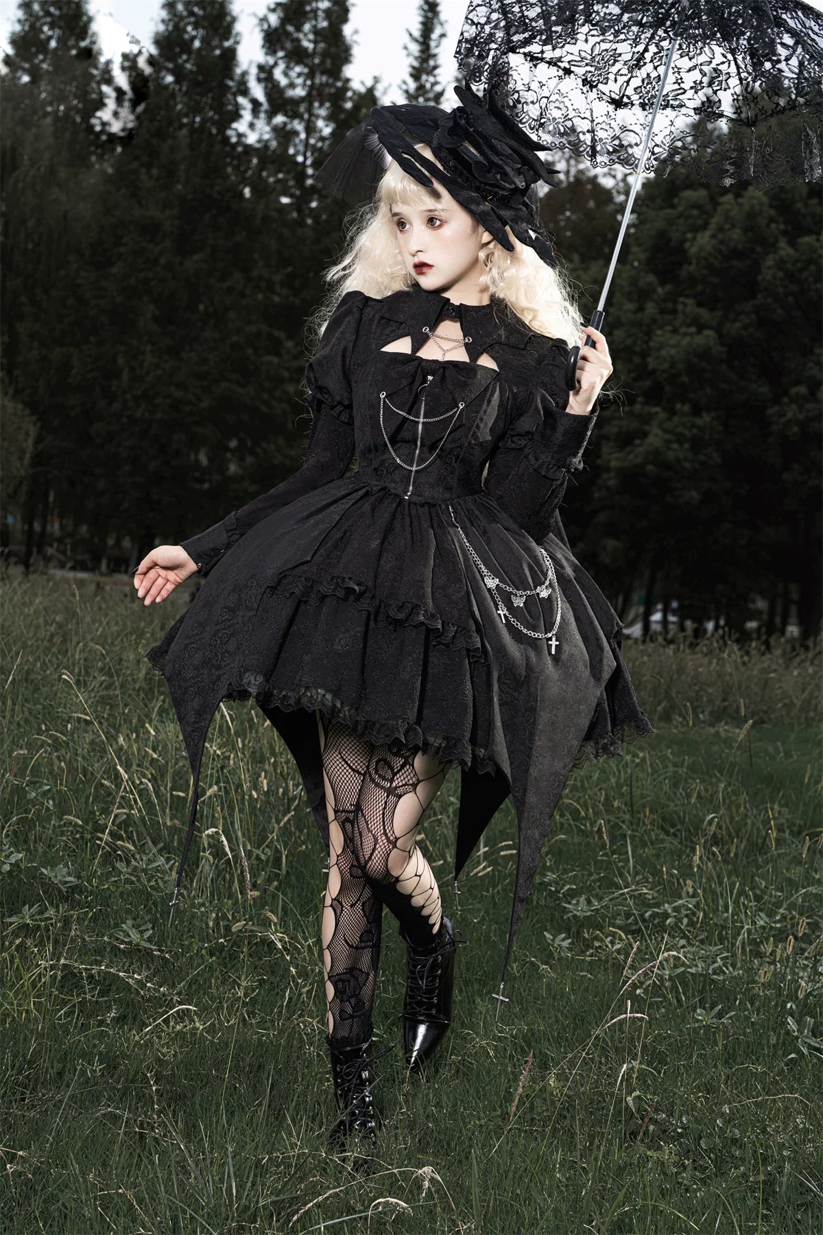 Darknight Creed - Gothic Lolita Jacquard OP, Irregular Hem & Cross Pendants 45847:865307
