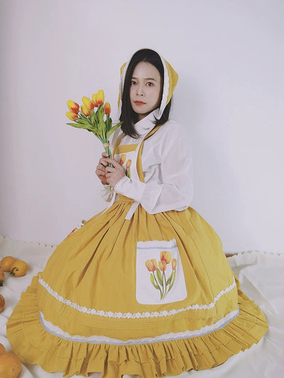 (BFM)Anxiangqianying~Cotton Lolita Dress Yellow Tulip Country Salopette   