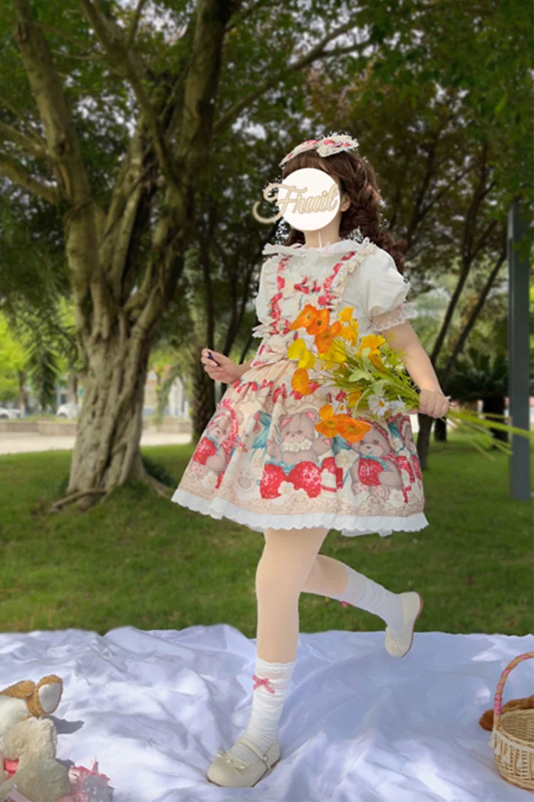 Bearberry Pastry Chef - Kawaii Lolita Salopette Dress, Bear & Strawberry Print