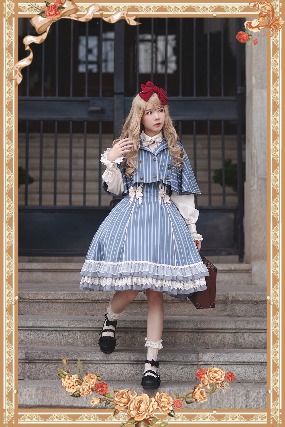 (Buy for me) Infanta~Elegant Lolita Stripe High-waist Jumper Dress Set and Cape 22624:321002