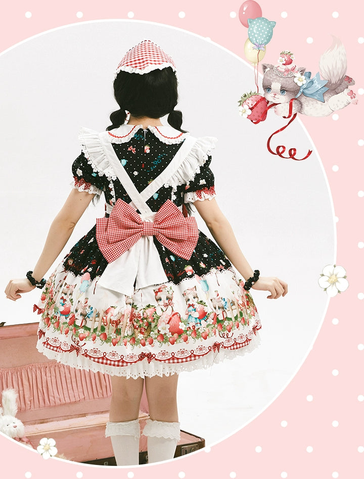 GD Lolita~Cat Strawberry Garden~Sweet Lolita Dress High Waist JSK Strawberry Print OP