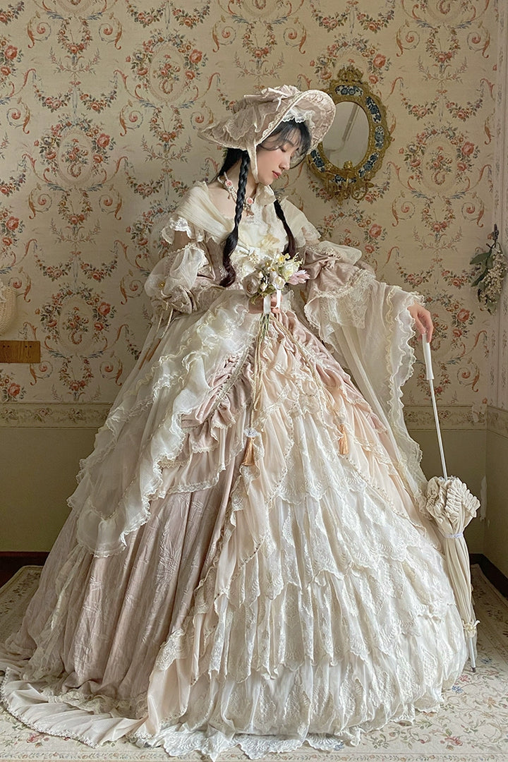 Guaji~Isabella~Wedding Lolita OP Bridal Dress with Tiered Petticoat and Trailing Champagne - OP + Floor Length Petticoat S