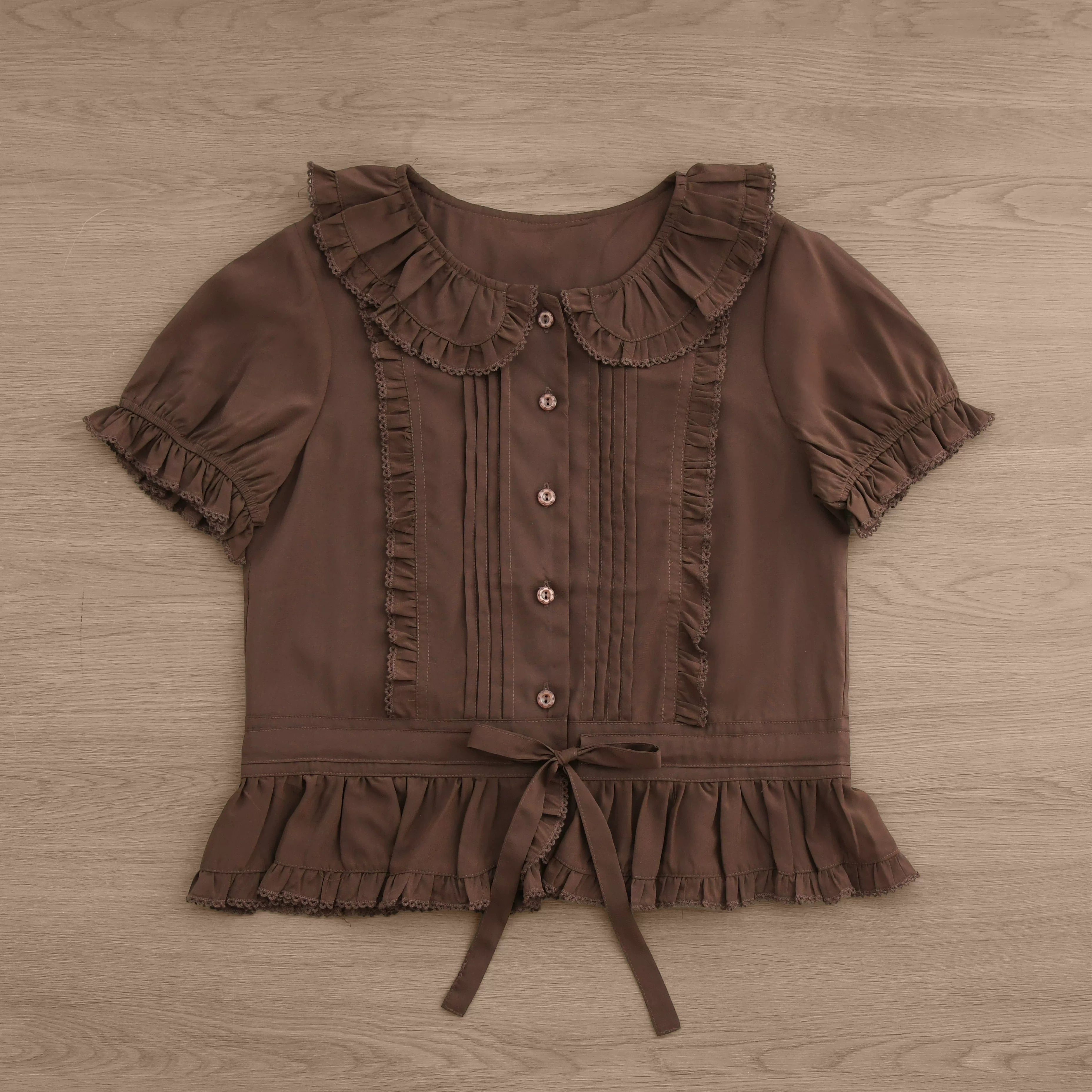 EverSpring - Short Sleeve Sweet Lolita Shirt, Peter Pan Collar (Brown / 2XL L M S XL) 44735:820629