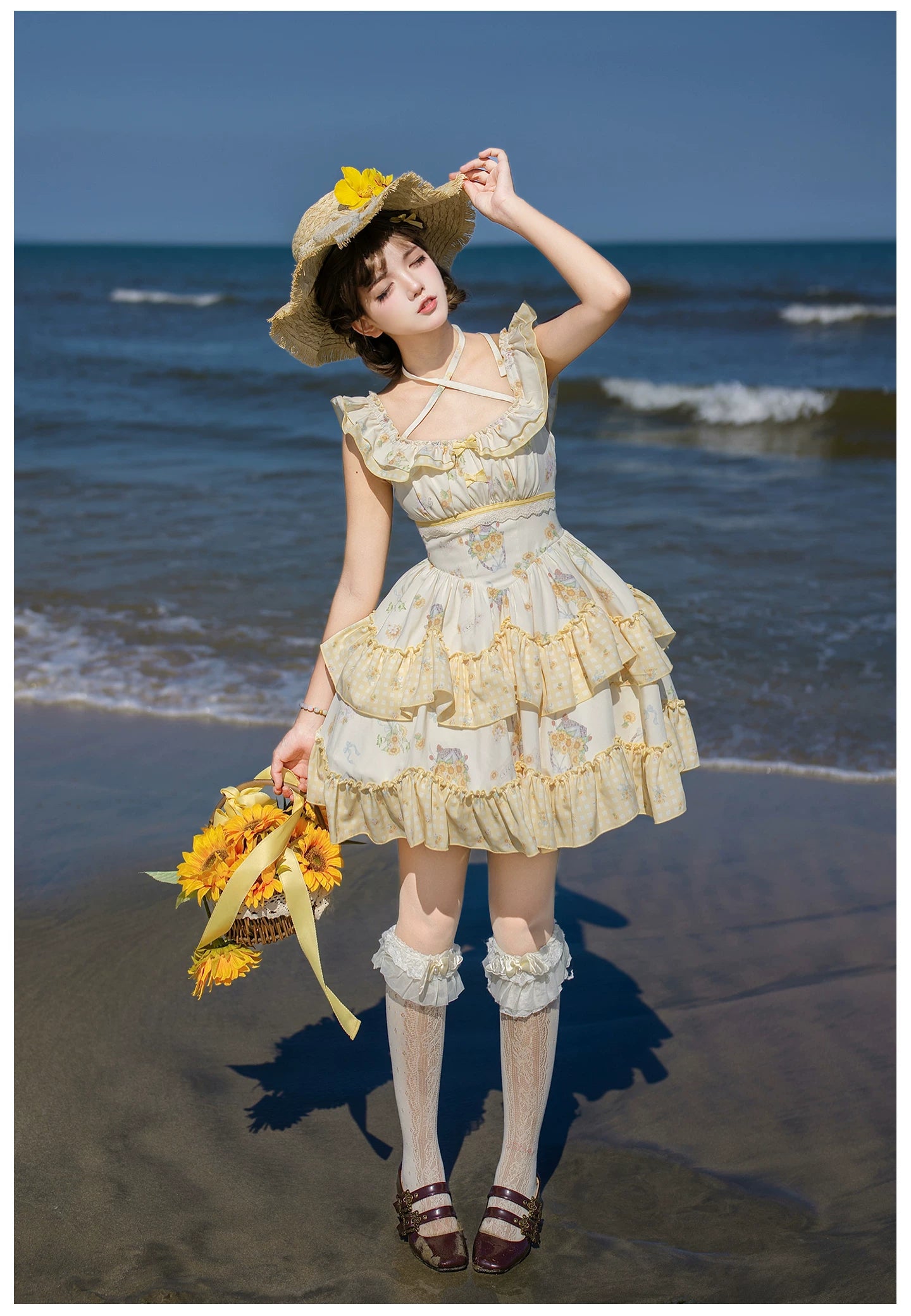 Small Sunflower - Classic Lolita Sunflower Printed JSK Dress, Tiered Hem 45740:860877