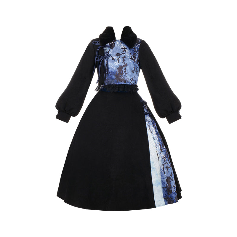 With PUJI~Lingxiao~Winter Lolita Dress Suit Set with Chinese Prints S Full set(top+skirt) 