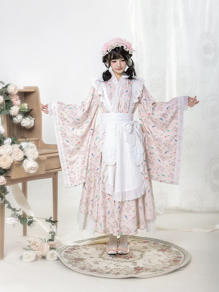 With PUJI~Hanamachi Chronicle~Wa Lolita OP Dress Apron Printing Dress   