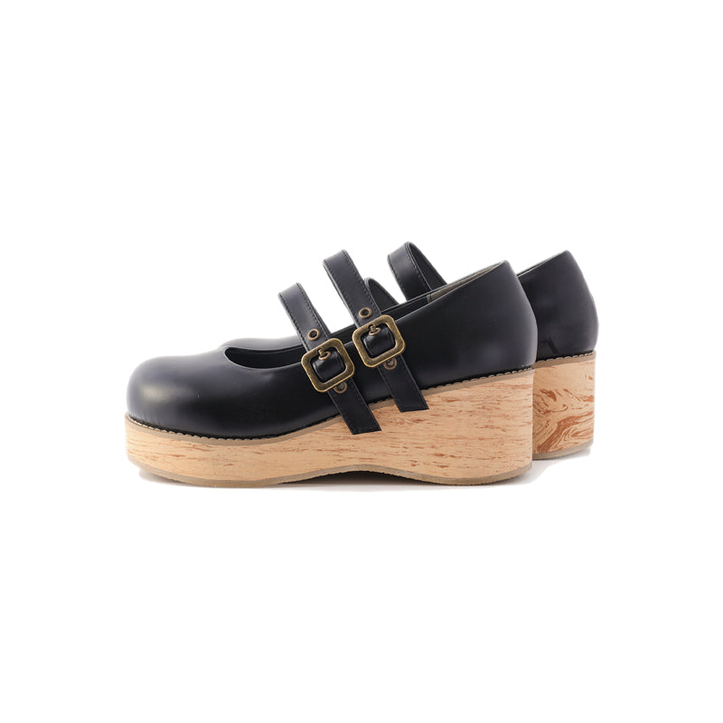 (Buy for me) MODO~Retro Lolita Round Toe Wood Bottom Shoes 34 matte black (low heel) 