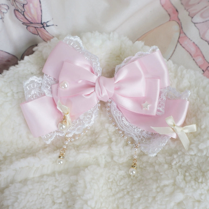 MaoJiang Handmade - Dreamy Sweet Lolita Layerd Bow Hair Clip, Pearl Accents Pink