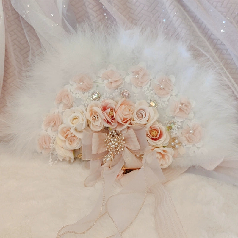 Cat Fairy - Elegant Lolita BNT Handmade Tea Party Necklace and Feather Fan Pink and white (fan)