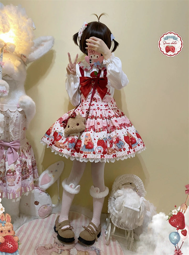 To Alice~Spring Strawberry Bunny~Kawaii Lolita Salopette Dress Hooded Coat and Blouse