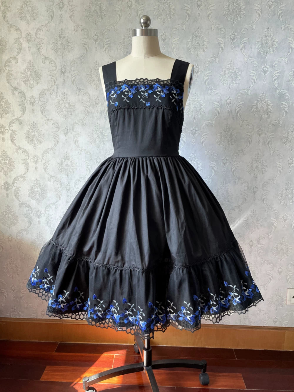 Alice of the Night - Gothic Lolita JSK Cotton Dress, Embroidery & Blue Florals (L M S XL) 45031:832522