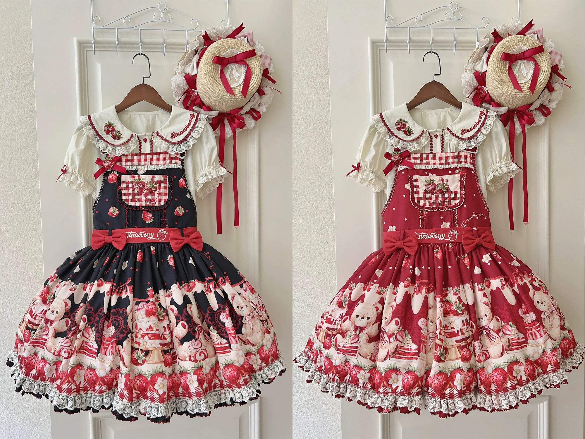 Velvet Strawberry - Sweet Lolita Salopette Dress, Bear & Strawberry Print