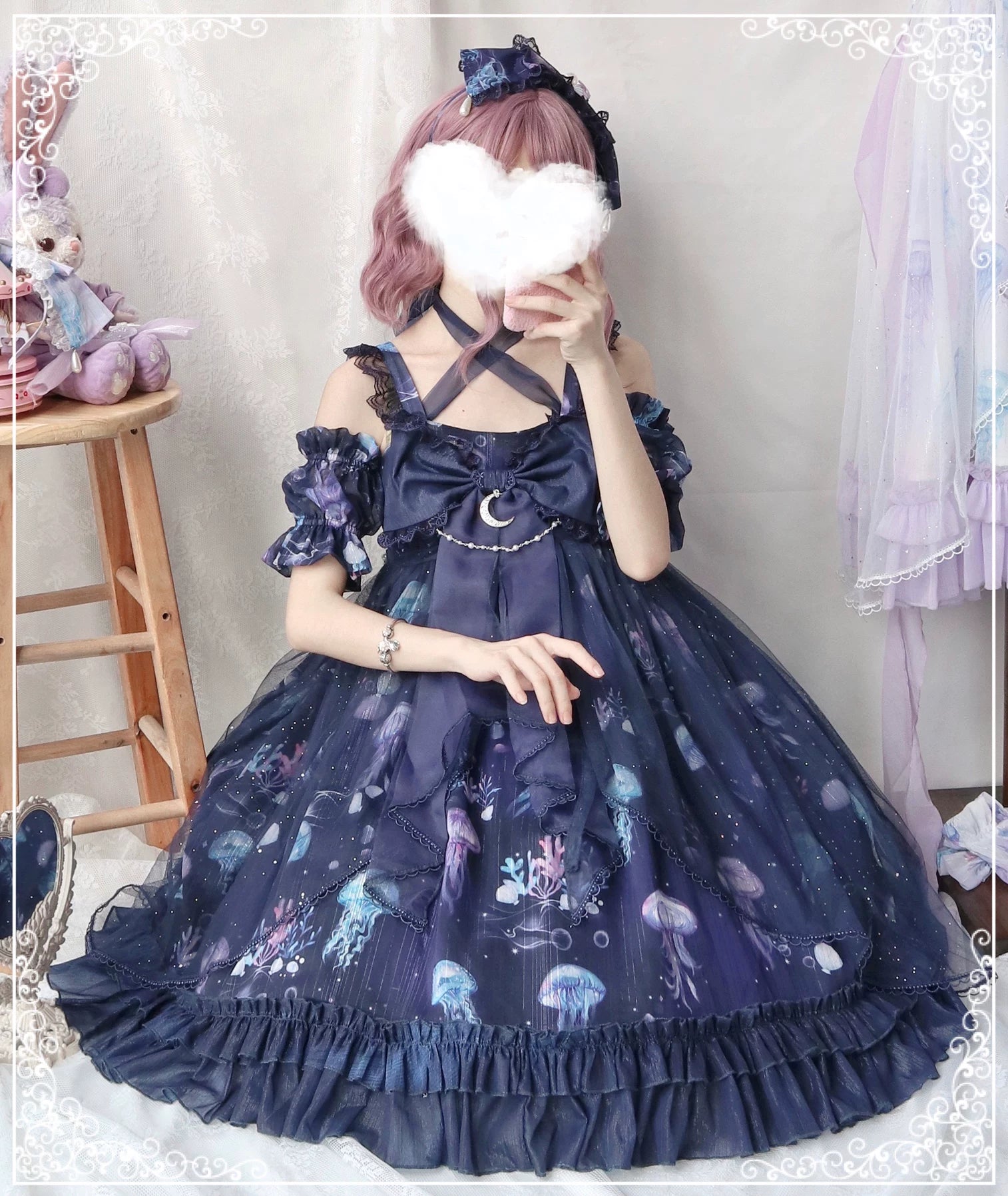Coral Jellyfish - Sweet Lolita High-waist JSK Dress, Jellyfish & Coral Print 44906:827406