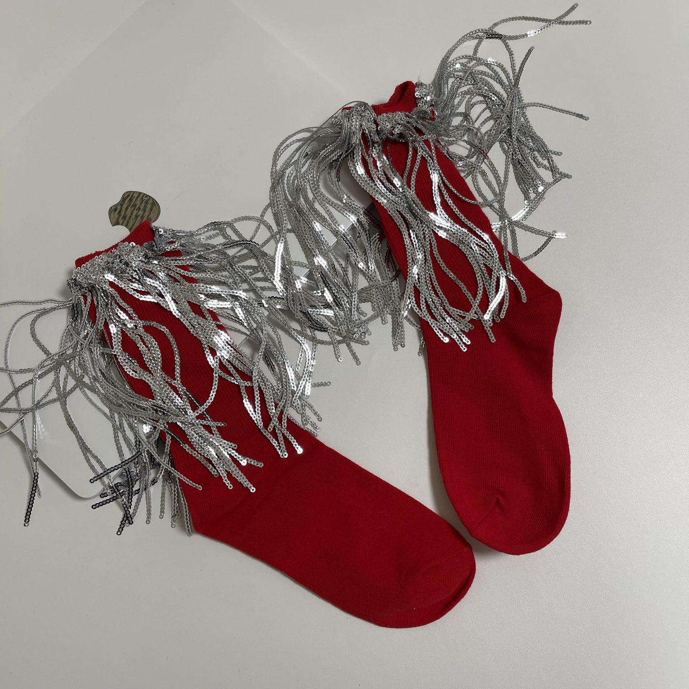WAGUIR~Retro Lolita Socks Y2K Fringed Lace Mid-tube Socks Rose Red Free size 