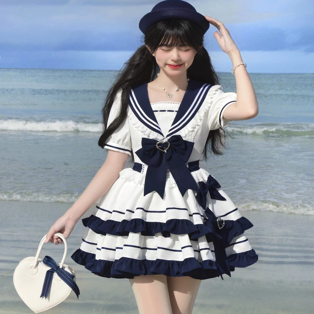 Platycodon House~Going to the Sea~Sailor Lolita OP Youth Lolita JSK Tiered Dress