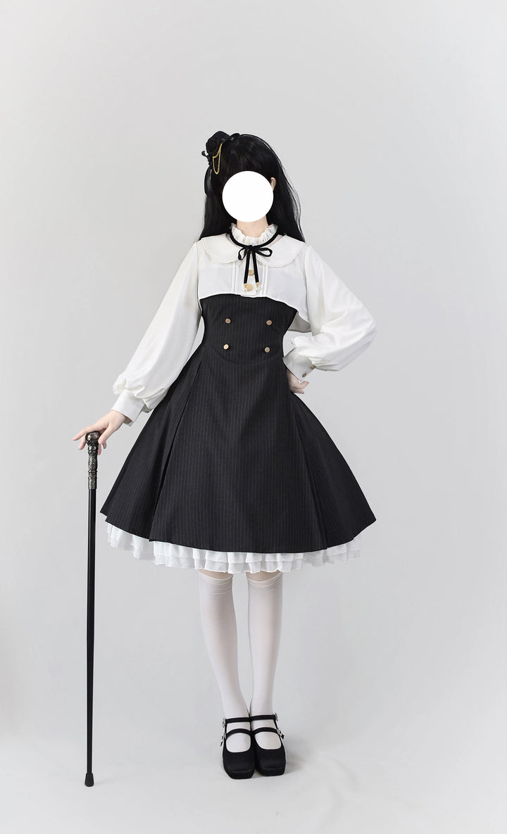 One Button~3.0 Star Astrologer~Classic Lolita JSK Stripe Eight-panel Lolita Skirt Dark gray stripes XXS Mutton sleeves bolero only