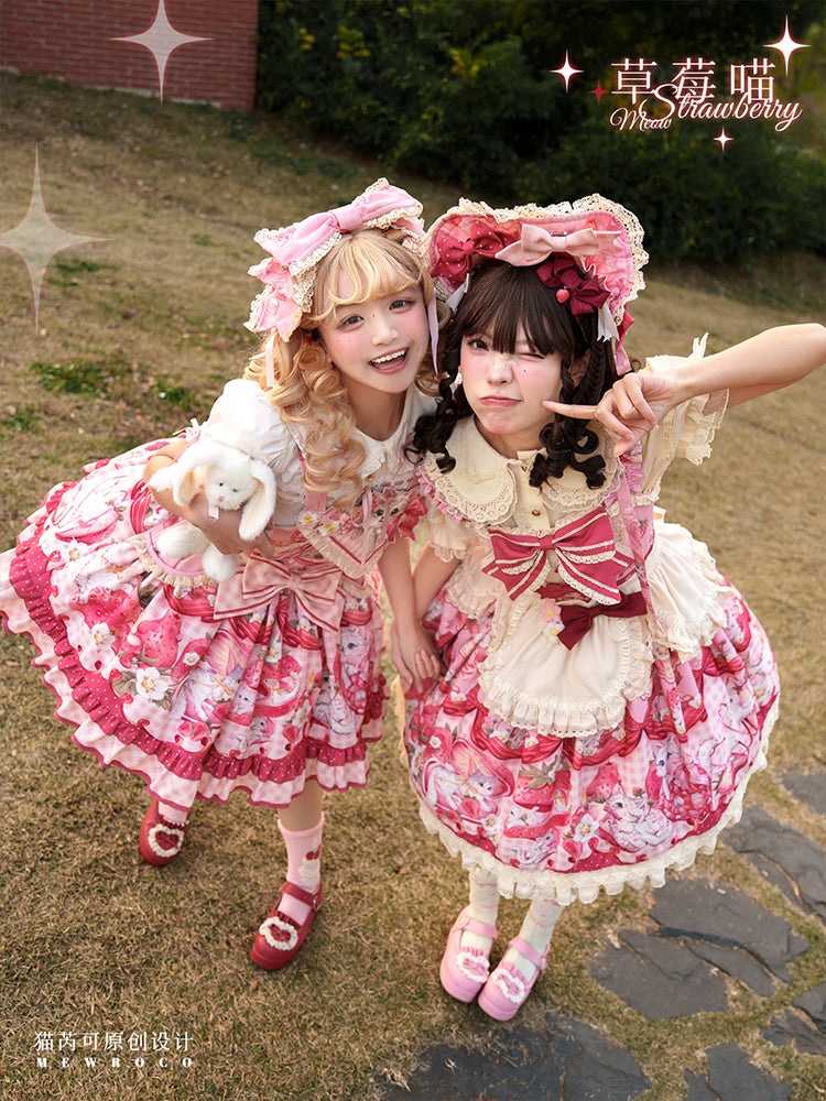 Mewroco~Strawberry Cat~Sweet Lolita Dress Suit JSK and Salopette with Cat Prints