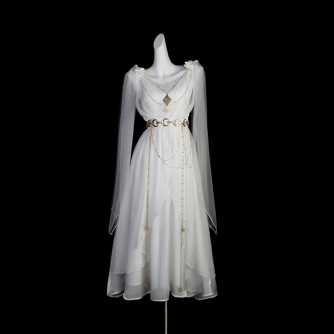 Cornfield Lolita~Divine~Elegant Greek Mythology Style Lolita JSK Irregular Hem White JSK Dress S dress(with matching chains) 