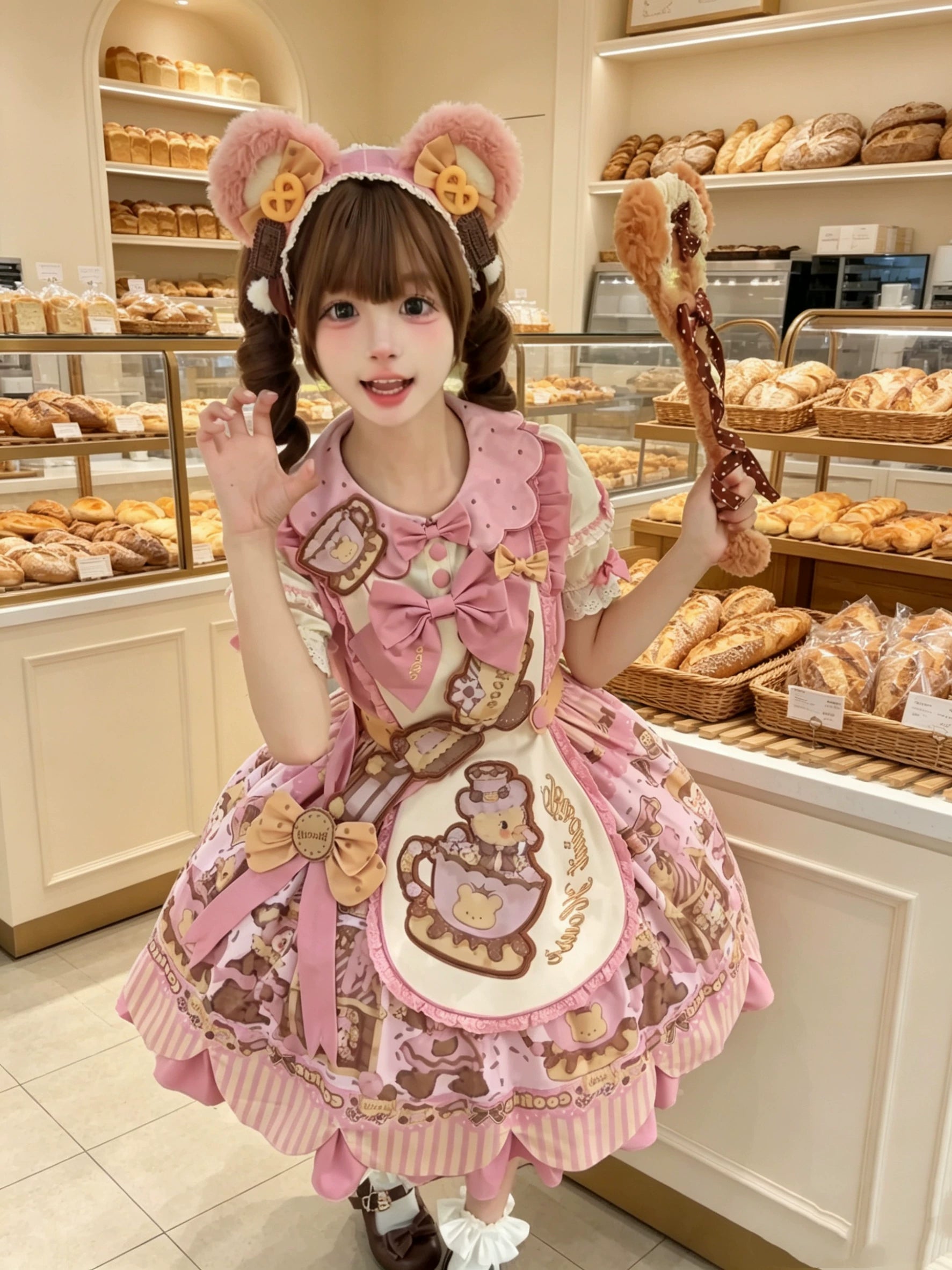 Bear Biscuit SP - Kawaii Lolita Bear Printed Dress Set with Bows Pink S OP + Apron + Hairband + Two Brooches