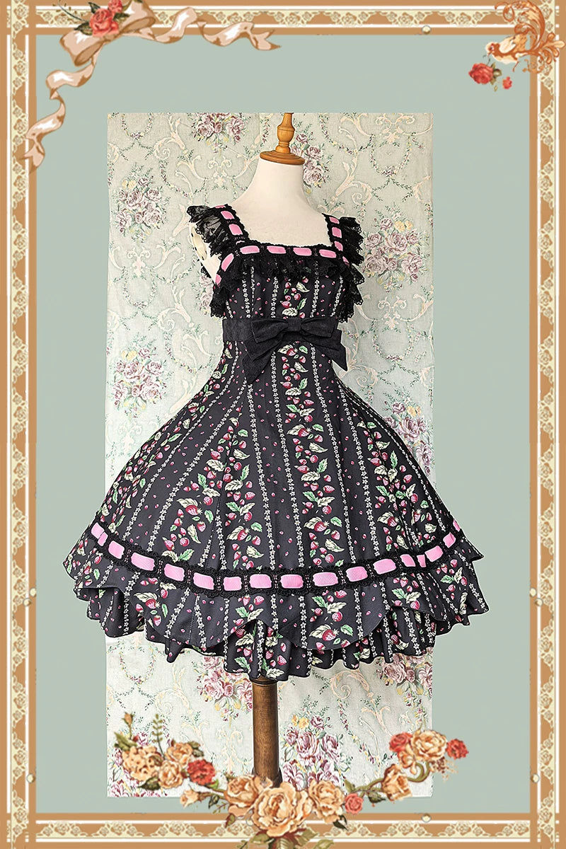 Berries & Strawberry - Old School Lolita JSK Dress Set, Strawberry Print (L M S XL) 46097:874954