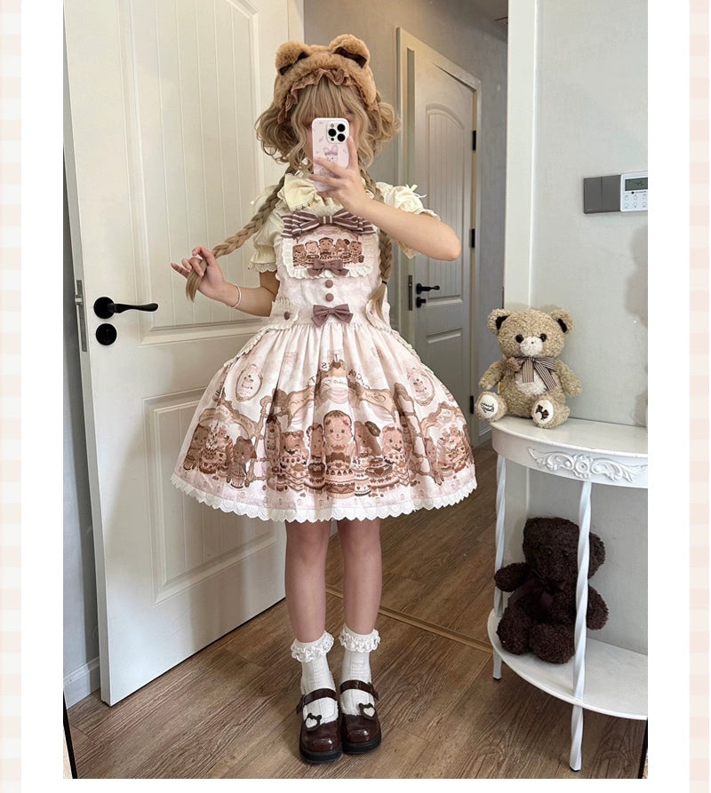 Akiyama Future Studio~Cute Lolita Salopette Dress Bear Print   