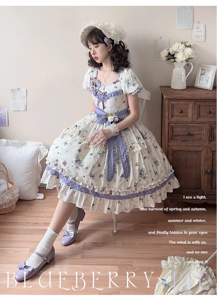 (BFM)Strawberry Fantasia~Blueberry Pie~Country Lolita OP Short Sleeve Floral Printing Dress   