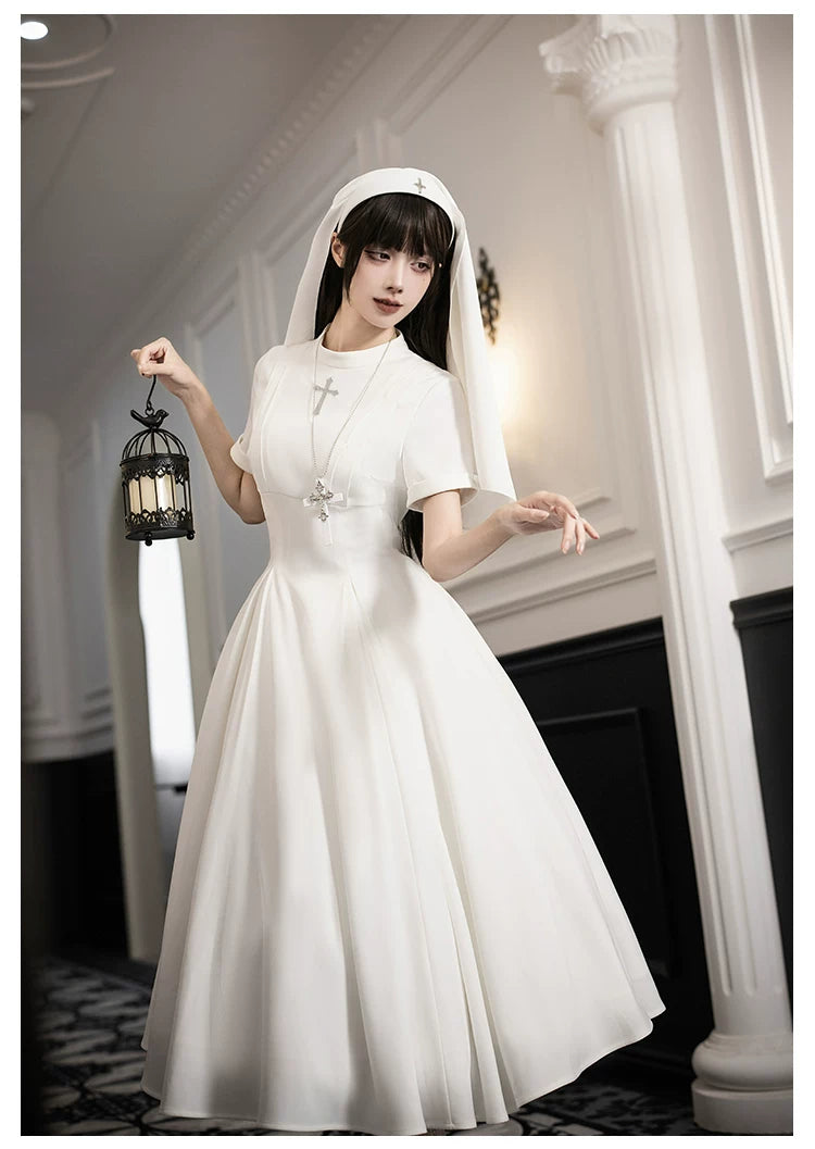 Nihil - Gothic Nun Lolita OP Dress, Irregular Hem Cape 44717:819740