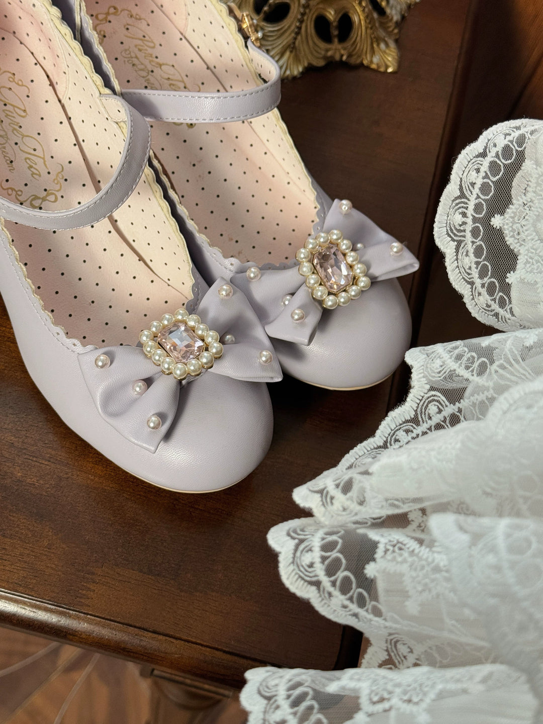 Pure Tea For Dream~Vintage Gemstone~Sweet Lolita Shoes Round Toe Heels with Bow 41836:715370