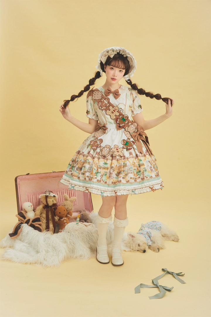 Babyblue~Little Bear Honey Jar~Kawaii Lolita Short Sleeve OP Gingerbread Man Embroidered Dress