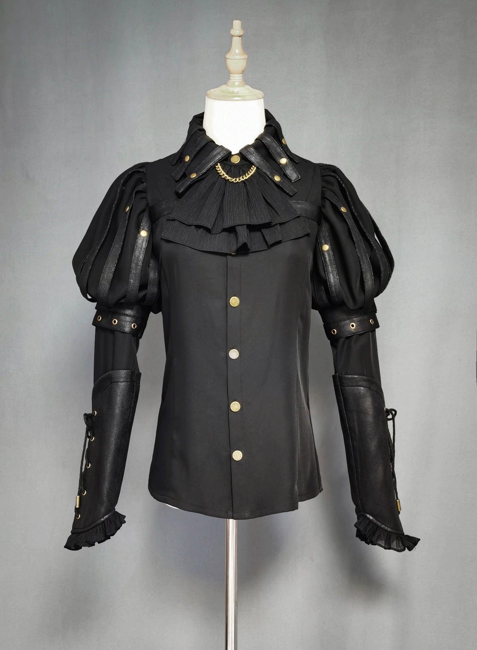 FOXTROT - Black Mist Beloved - Corset Gothic Lolita SK, Shirt, Faux Leather Cage Overlay Shirt - S (with jabot)