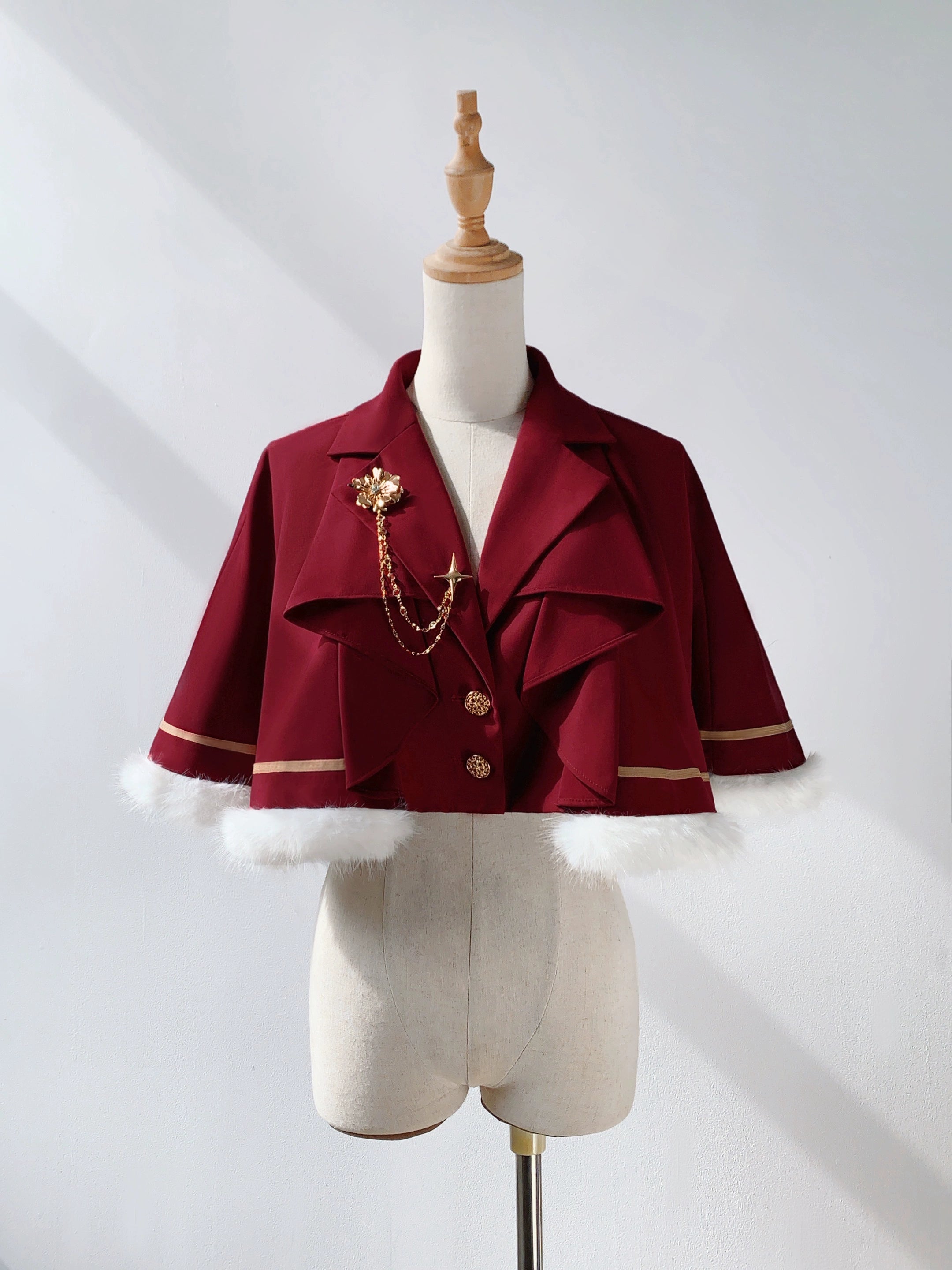 Every Page of The Poem - Night & Day Sonata - Ouji Lolita Princess Sleeve Shirt & Pants Set Red Cape Only (with detachable fur trim) One Size