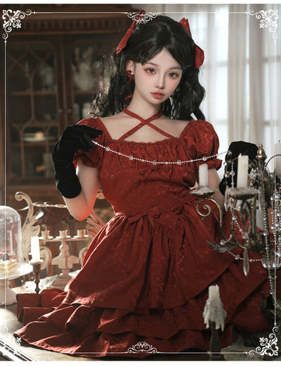 Eieyom~Elegant Lolita Short Sleeve Red Dress   