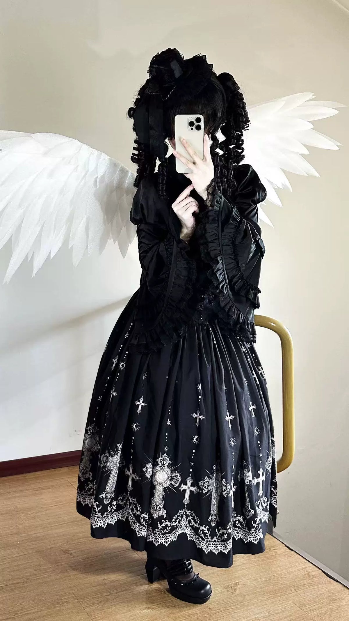 Star Remains Prayer - Elegant Gothic Lolita JSK & OP Dress Set, Cross & Moon Prints 46014:872482