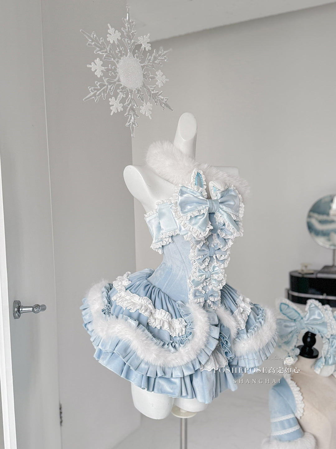 POSHEPOSE~Chuling Swan Lake~Sweet Lolita JSK Set Velvet Blue Dress for Prom