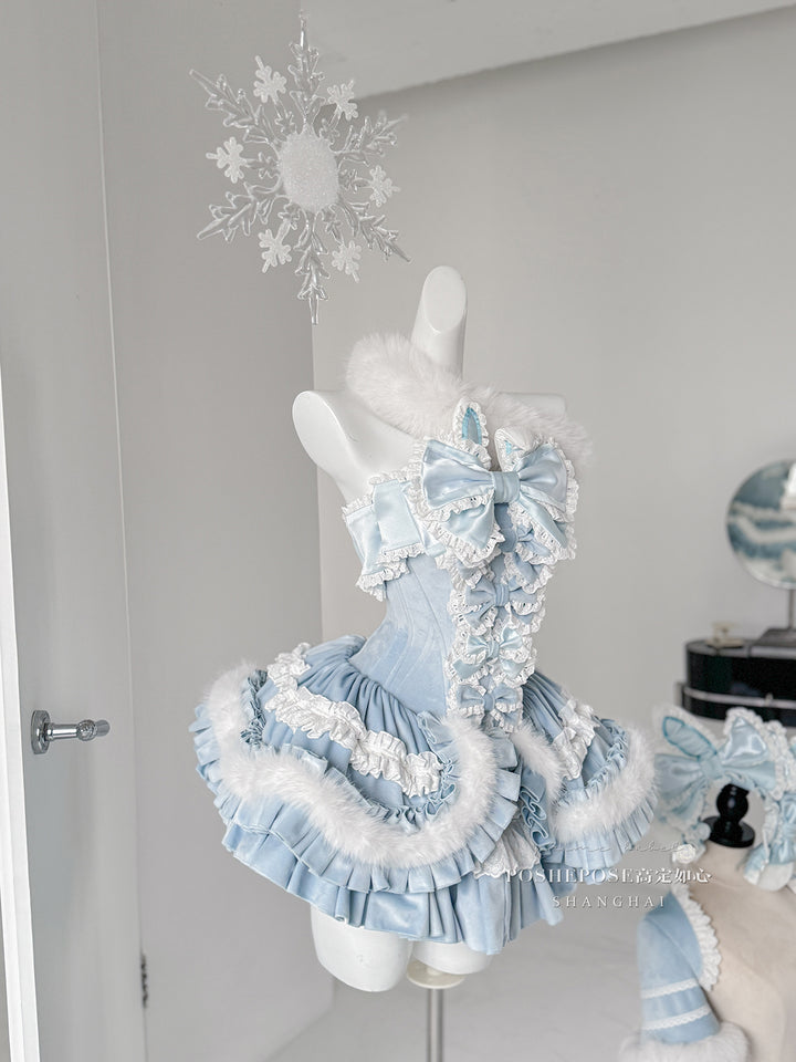 POSHEPOSE~Chuling Swan Lake~Sweet Lolita JSK Set Velvet Blue Dress for Prom