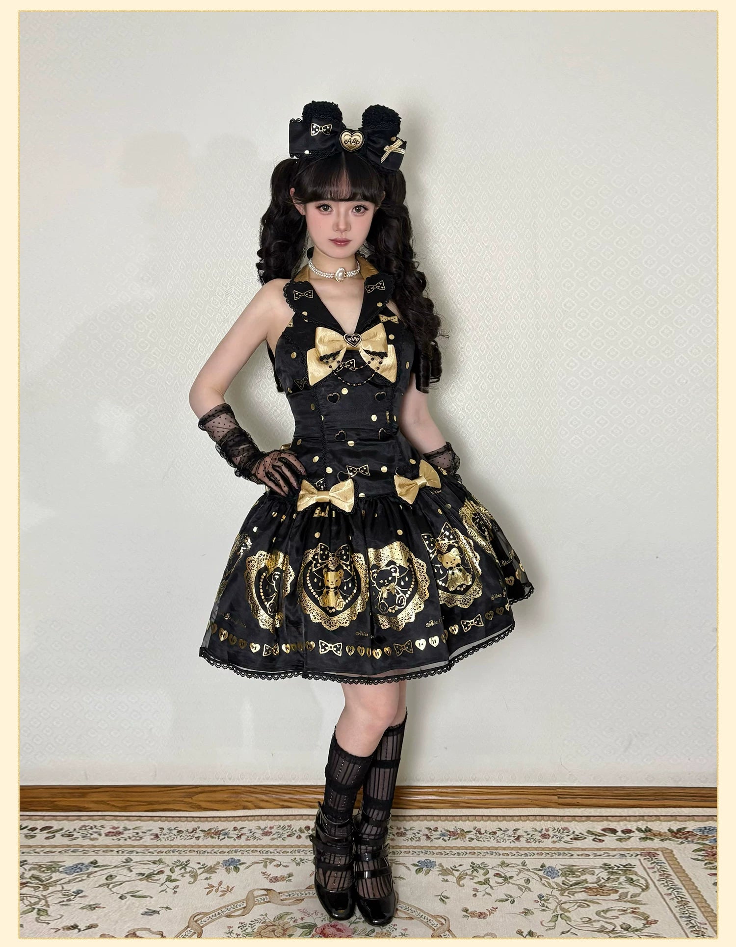 Brown Sugar Bear - Old School Lolita OP & Halter Dress, Bear Print 45249:842128