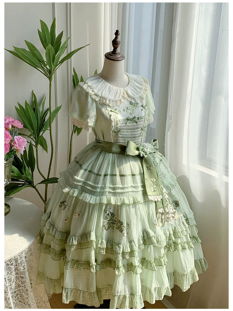 Green Grape - Embroidered Country Lolita OP Dress, Tiered JSK