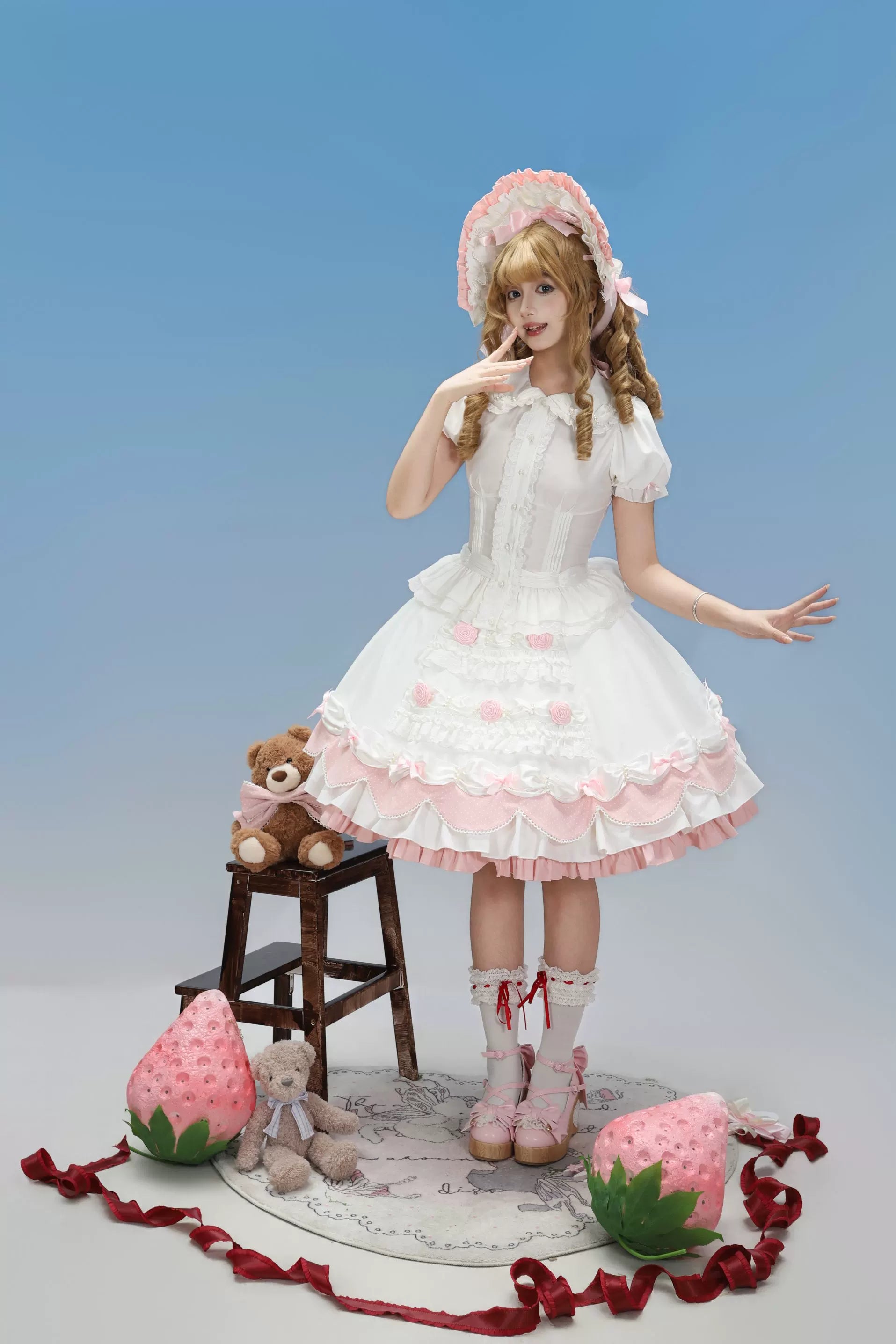 Cream Rosette Cake - Old School Lolita JSK Dress, Rose & Pearl Accents 45769:861478