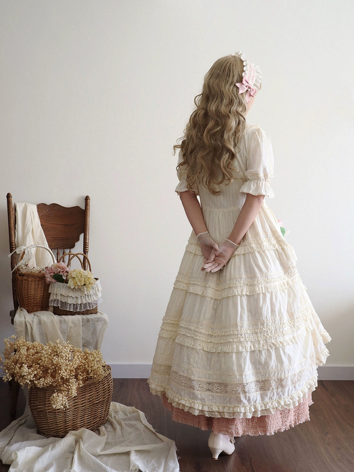 Miss Point~Cat Rose Tea~Elegant Lolita OP Open-front Short Sleeve Tiered Dress 42135:727784