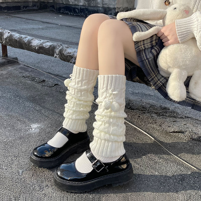 Hua Nai Cat - Cute Lolita Leg Warmers Winter Knitted JK Pile Socks One Size White - without butterfly knot