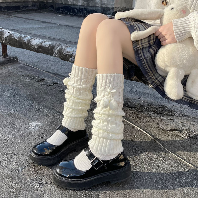 Hua Nai Cat~Cute Lolita Leg Warmers Winter Knitted JK Pile Socks Free size White - without butterfly knot 