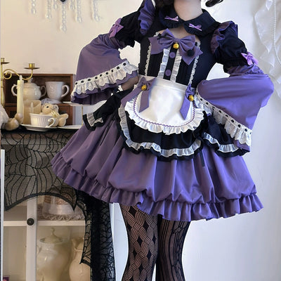 Hanguliang~Cute Maid Lolita Dress Short Sleeve Floral OP Dress S Purple (Dress + Apron + Cuffs) 