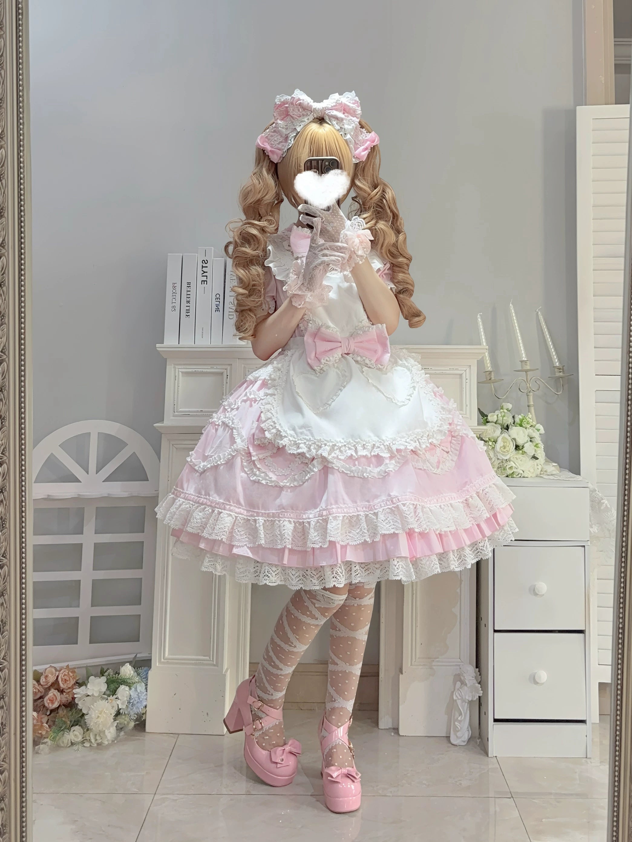 Creamy Sweet Bunny - Cotton Old School Lolita Bunny Ear OP Dress with Bows Pink OP + Pink KC + White Apron S