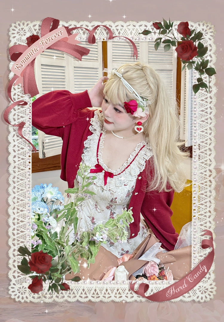 Yingtang~Plus Size Lolita Cardigan Set Elegant French Rose Print Dress (2XL 3XL 4XL XL / Cardigan) 31448:375738