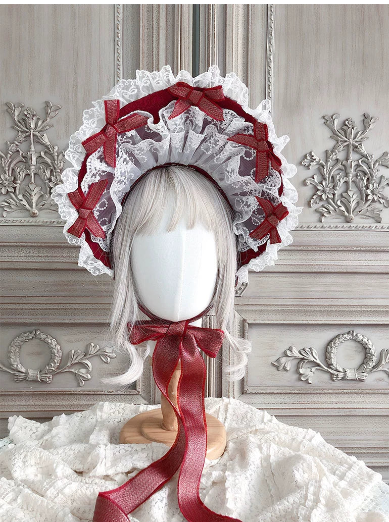 Maid~Sweet Lolita Bonnet Multi-layer Lace BNT Burgundy  